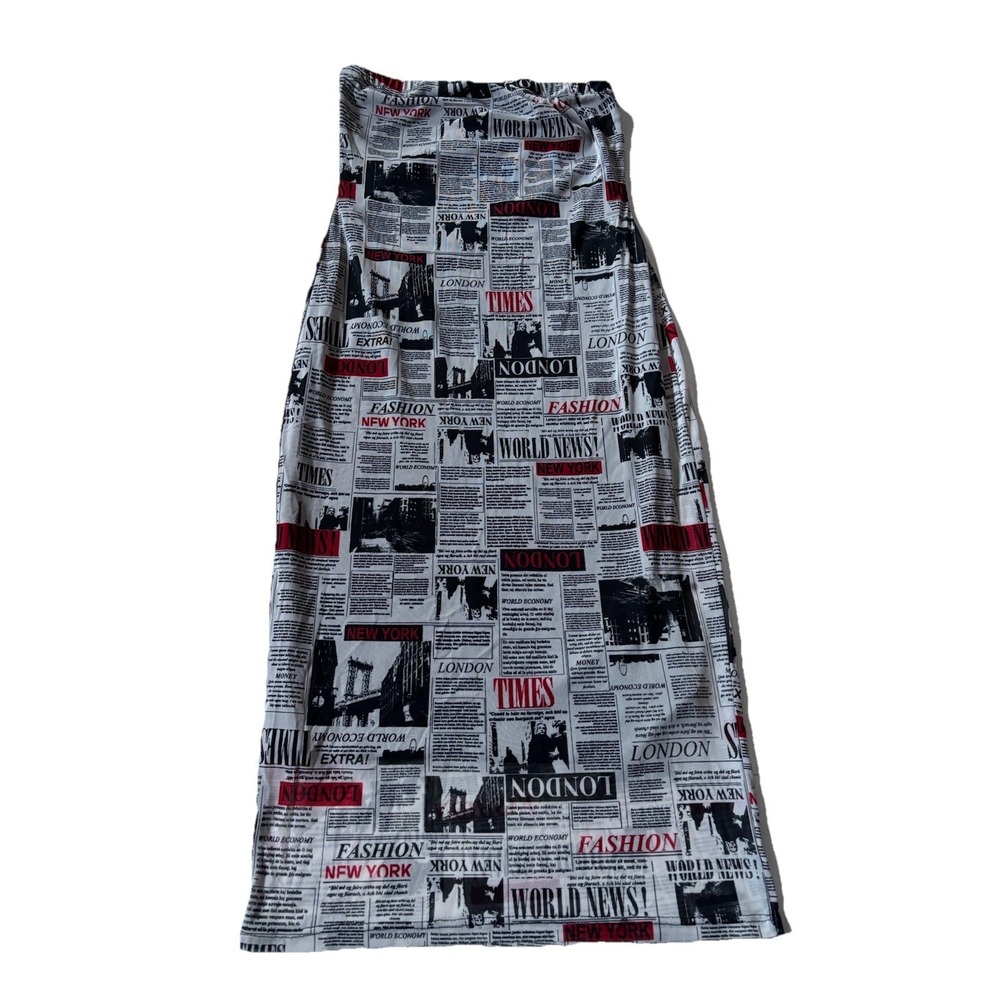 Wearever Y2K Strapless Newsprint Sheer Mesh Bodycon Women's Sheath Dress Sz S-M